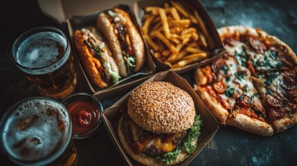 A high-angle, close-up view of assorted fast food, including burgers, pizza, fries, and beer, presented in disposable cardboard containers.
