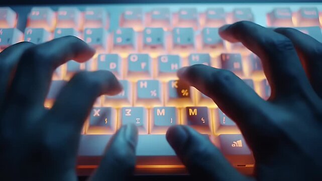 Close Up Of Hands Typing On Illuminated Keyboard With Warm Orange Backlight Detail Focus