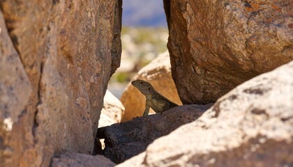 Mexican lizard peers out from a rocky crevice, basking in sunlight and blending with earthy tones.