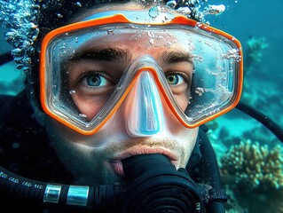 Close-up of a diver with two different colored eyes wearing an orange-framed diving mask and breathing through a regulator underwater with bubbles around