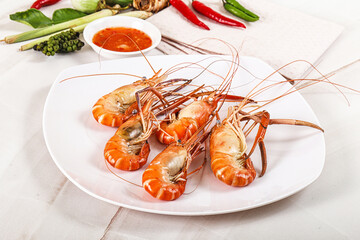 Boiled tiger prawn with sauce