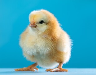Obraz premium small yellow chicken standing on light blue background