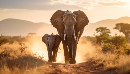 Obraz premium A majestic mother African elephant protectively walks with her young calf across the golden savanna.