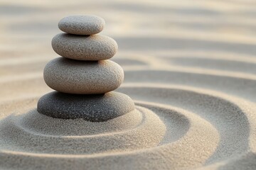 Stack of smoothly rounded stones balanced on rippled sand with soft lighting creating a peaceful and meditative atmosphere