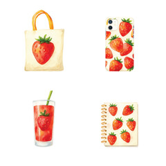 Watercolor Strawberry-Theme, Things Edition #6—Strawberry Tote Bag, Handphone Casing, Juice, and Mini Notebook. Vector Illustration. Design Element. Clip art. Suitable for artwork design.