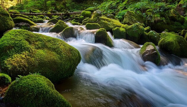 fast mountain stream cascades down smooth rocks covered in moss and lush green foliage in the mountains