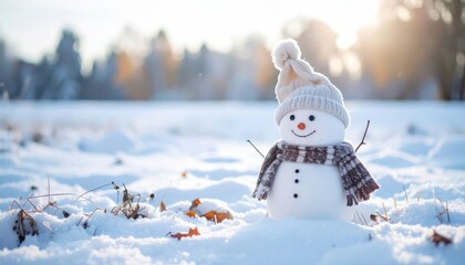 Obraz premium A cheerful snowman standing in a snowy landscape, with a scarf and hat, embodying winter's magic
