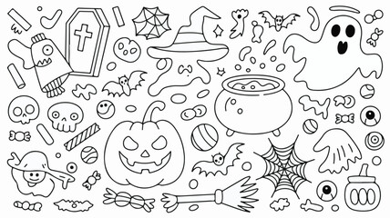 Obraz premium Spooky Halloween Doodle Collection with Ghosts Pumpkins Bats Witch Hat and Coffin on White Background