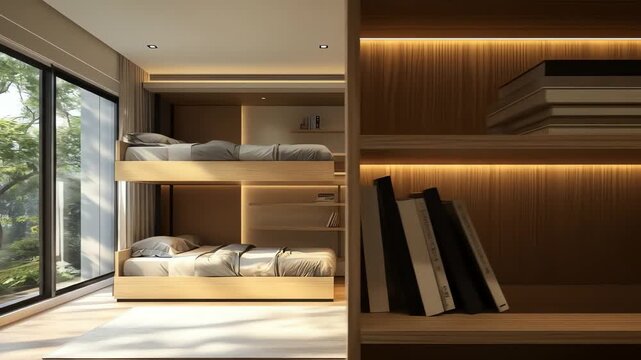 Modern bunk beds in a room with a large window and bookshelf