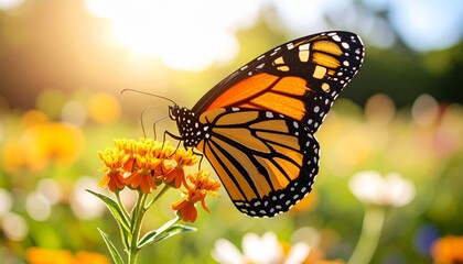 Fototapeta premium A Monarch butterfly with wings spread, takes flight over a sunny field, creating a sense of hope.