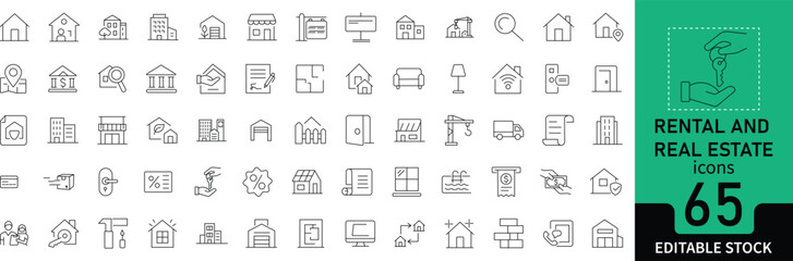 Collection of rental and real estate line icons such as house, apartment, contract, property, and location. Thin editable stroke symbols for housing, lease, and property business design.