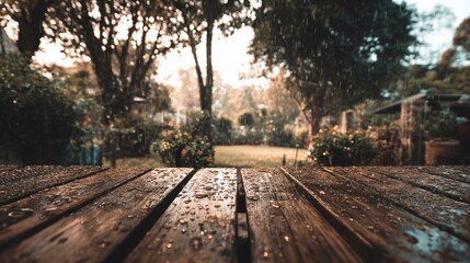 Fototapeta premium Rainy Wooden Deck in Garden with Water Droplets and Blurred Trees and Flowers in Background