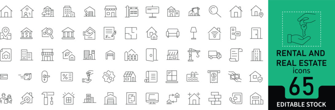 Collection of rental and real estate line icons such as house, apartment, contract, property, and location. Thin editable stroke symbols for housing, lease, and property business design.