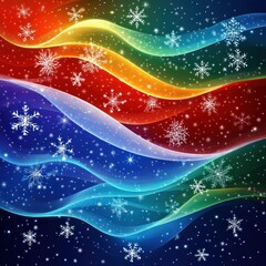 Colorful flowing waves with glowing snowflakes and sparkling stars on a dark background creating a festive and magical winter atmosphere