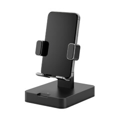 Black smartphone stand holding a mobile device on a minimal base  