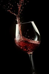 Red wine splashing dynamically inside a tilted wine glass against a black background, capturing motion and fluid elegance