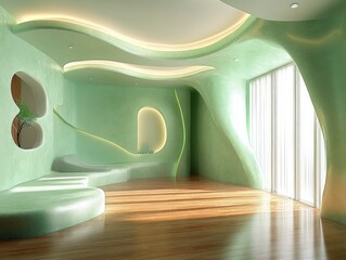 Modern minimalist interior with organic curved green walls, built-in seating, wooden floor, soft ambient lighting, and large bright window curtains