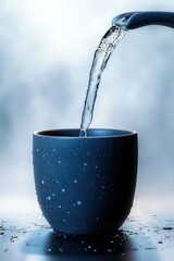 Clear water being poured from a faucet into a dark blue ceramic cup with water droplets on the surface and reflective water on the table beneath