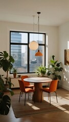 Obraz premium Modern dining area with wooden table, orange chairs, and large window overlooking cityscape