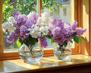 Two glass vases with lush purple and white lilac flowers on a sunny wooden windowsill with green trees visible outside