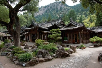 Fototapeta premium Asian temple nestled in a lush garden, mountains in the background
