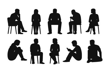 Silhouette depictions of various people in diverse seating arrangements, depicting different postures and activities