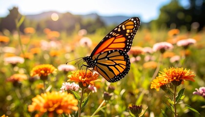 Obraz premium Monarch butterfly rests gracefully on a vibrant orange flower in a sun-drenched meadow environment.