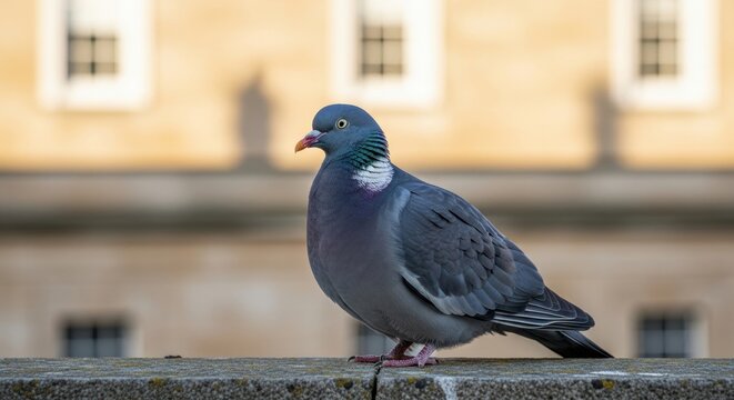 A wood pigeon perched on a concrete ledge with a building in the blurred background outside in daytime