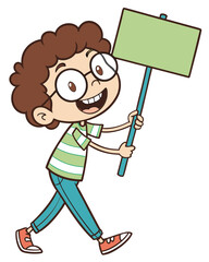 A cheerful cartoon child with curly brown hair, round glasses, and a big smile, wearing a green-and-white striped shirt, blue pants, and red sneakers, holds a blank green sign on a blue pole above.