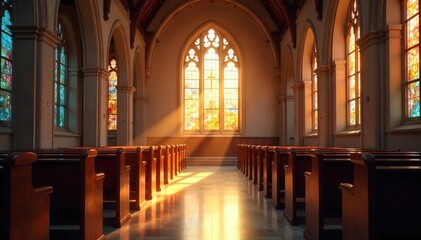 Fototapeta premium Serene church interior bathed in sunlight, highlighting stained glass and quiet pews Perfect for themes of faith, peace, spirituality, and worship , spirituality, religious art, spiritual
