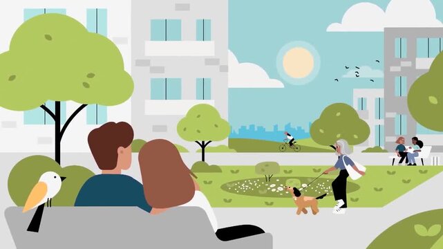 People enjoying park outdoor activity with sunny day animated lifestyle and relaxation concept