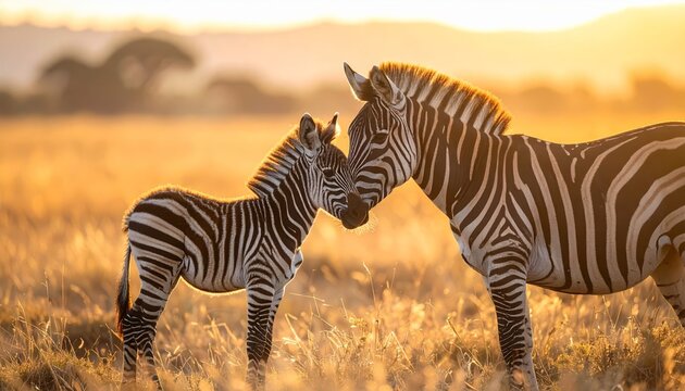 A loving zebra mother and her young foal graze together at sunset in the tall savanna grass. - Powered by Adobe