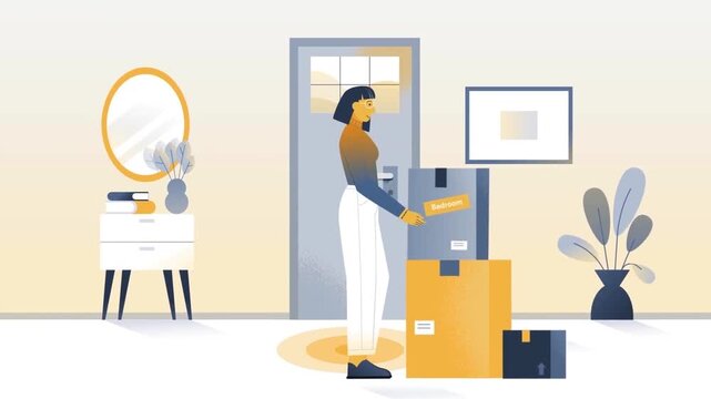 Woman unpacking moving boxes in new home lifestyle with animated cozy family concept
