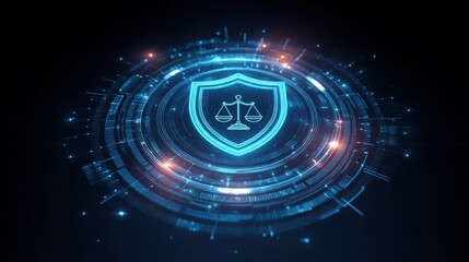 Social Media Regulation concept. A futuristic shield icon with balance scales, surrounded by a glowing digital network, representing justice and legal technology.