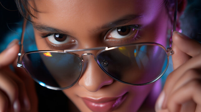 Close-up of her eyes behind stylish sunglasses glowing with stage reflections, exuding confidence and energy.