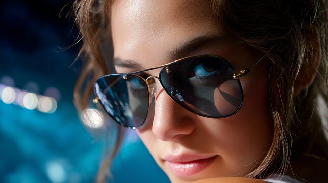 Close-up of her eyes behind stylish sunglasses glowing with stage reflections, exuding confidence and energy.