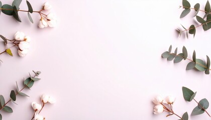Obraz premium Eucalyptus leaves and cotton flowers on a bright background, creating a simple and elegant display. The composition showcases the textures of the flowers and leaves against a clean backdrop.