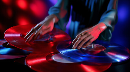 A creative shot where vinyl records spin under vivid red and blue lights as her hands blur in motion.