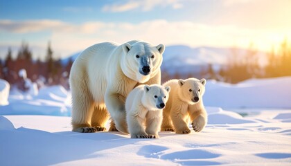 Obraz premium A Polar bear mother and her two cubs cross a snow covered Arctic ice floe at sunset with love