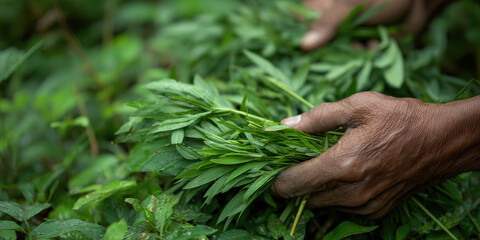 Hands collecting green leaves in lush jungle setting
