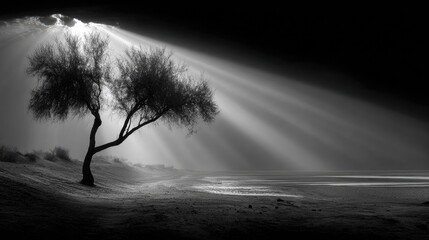 Solitude, sunbeams, lone tree, sandy shore