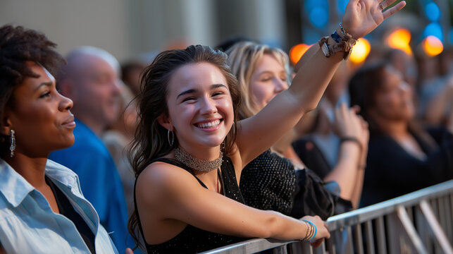 A fun candid moment where she smiles at the audience and waves while the music keeps playing.