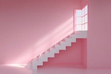 Minimalist pink interior with white staircase and window