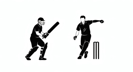 Monochrome vector illustration of cricket players in action. A silhouette set of a batsman with a bat and a bowler with wickets on a white background