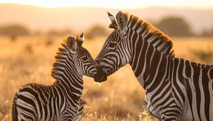 A young zebra calf nuzzles its mother in the warm golden light of the African savanna.