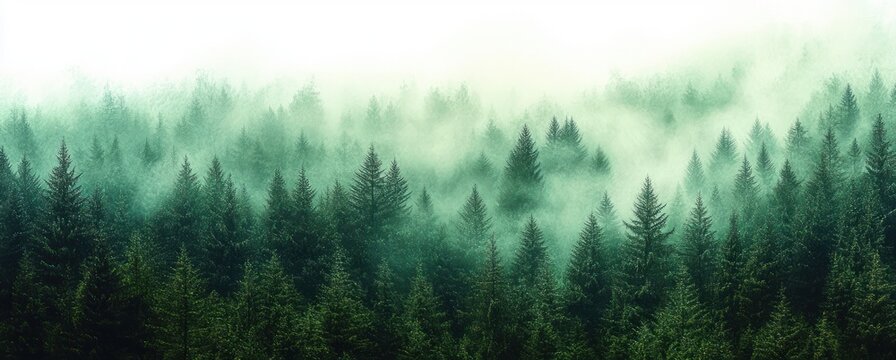 Dense evergreen forest covered with thick mist creating an ethereal and calm atmosphere