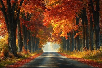 Empty road lined with tall trees displaying vibrant orange and red autumn leaves under soft sunlight creating a peaceful fall atmosphere
