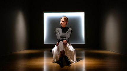 A minimalist composition: her illuminated by a single spotlight while the background fades into darkness.