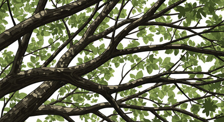 Create a Close-up of tree branches in a dense forest, with natural textures , sunlight filtering through the canopy.  tranquil scene showcasing the beauty of nature ,woodland environments. vector art.