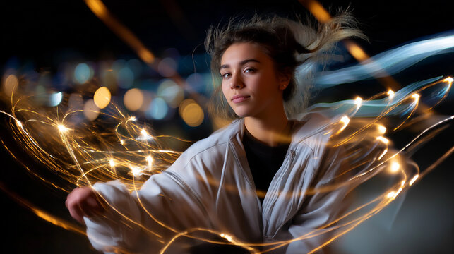 Slow-shutter photo of spinning lights and motion blur around her, creating a sense of pure energy.